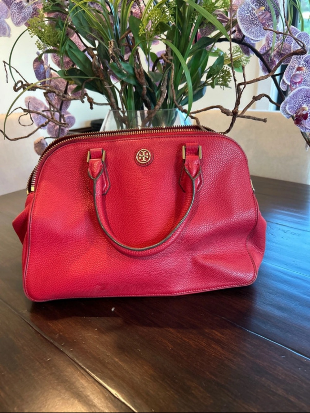 Tory Burch Red Pebbled Leather Satchel with Gold Logo